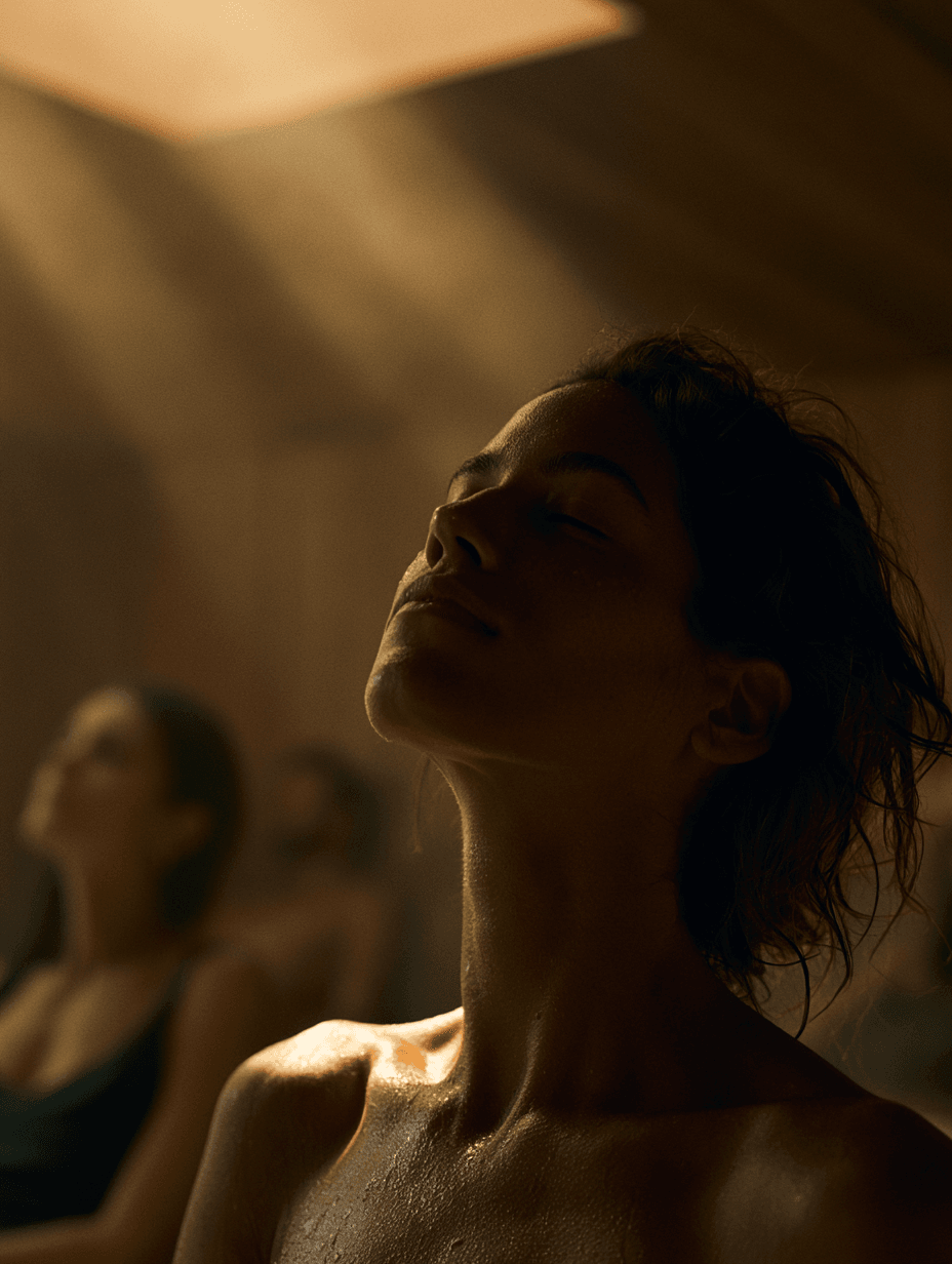 A small group sitting together in a candle-lit sauna.