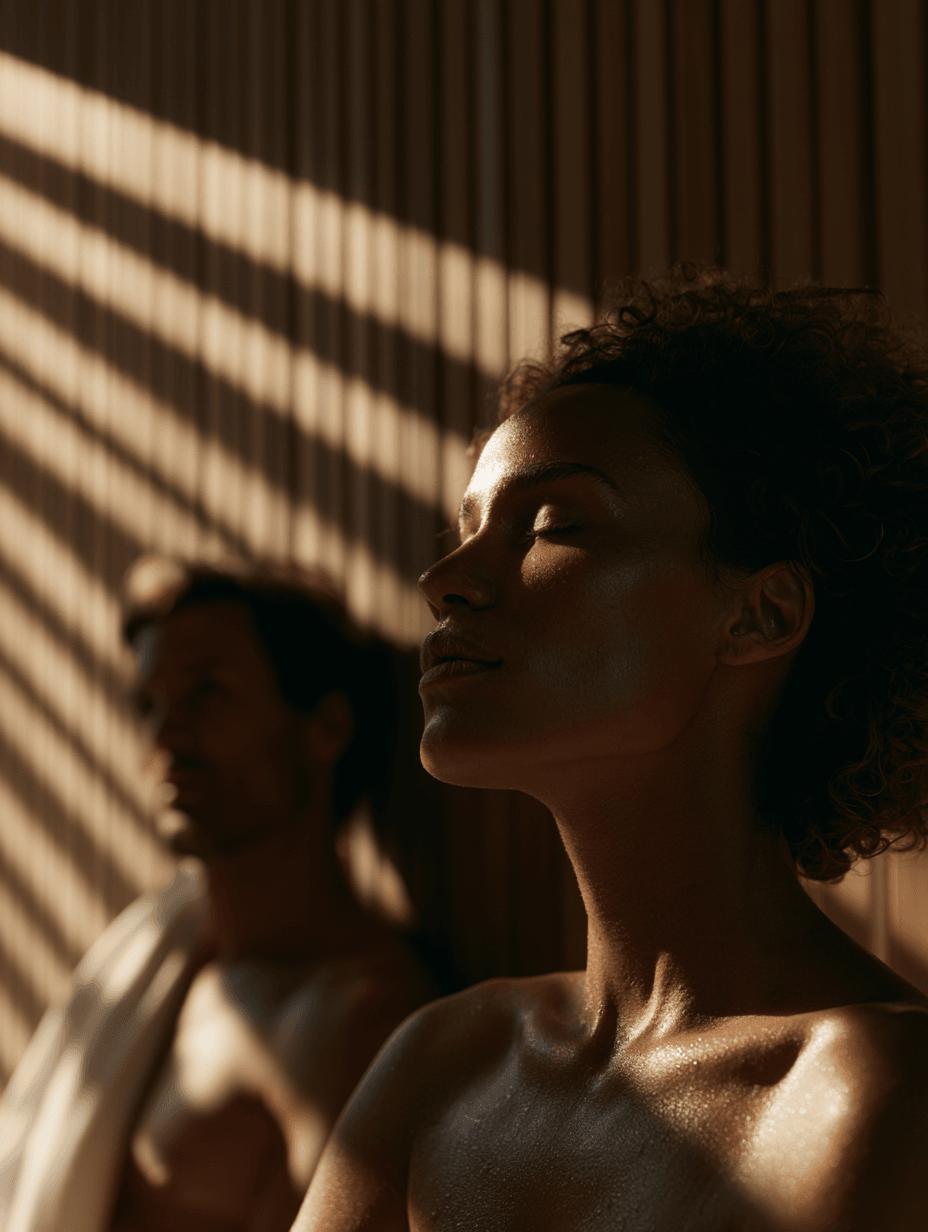 A small group sitting together in a candle-lit sauna.